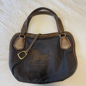 CELINE Carriage Genuine Leather Brown Canvas Silver Buckle Shoulder Bag Purse